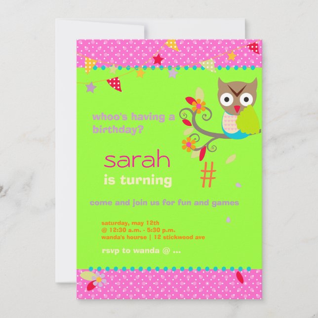 Invitation Fête d'anniversaire personnalisée Aqua/Lime Owl (Devant)