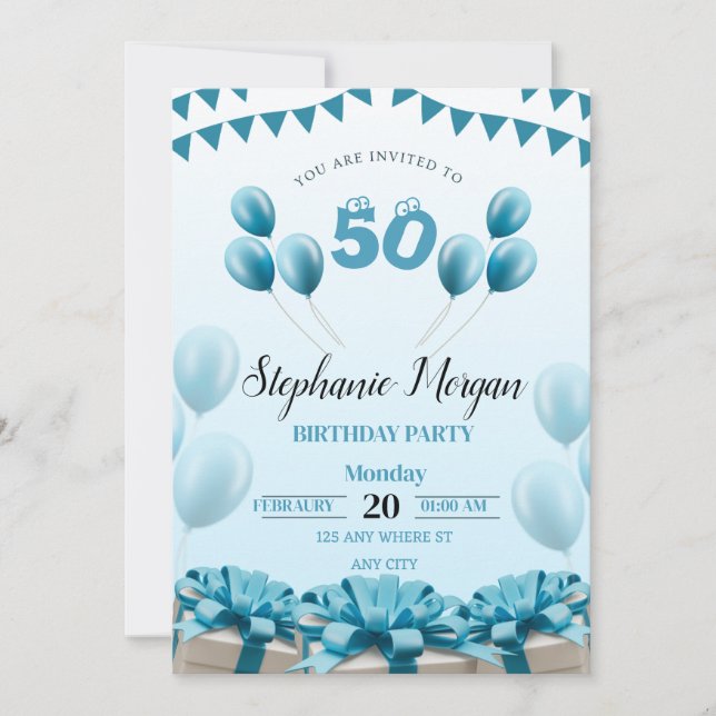 Invitation Fête d'anniversaire personnalisée bleue moderne 50 (Devant)