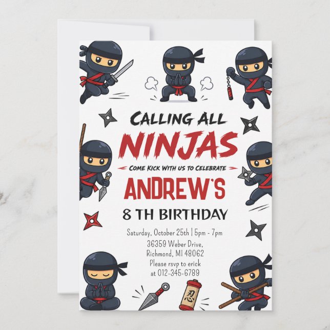 Invitation Fête d'anniversaire personnalisée de guerrier ninj (Devant)