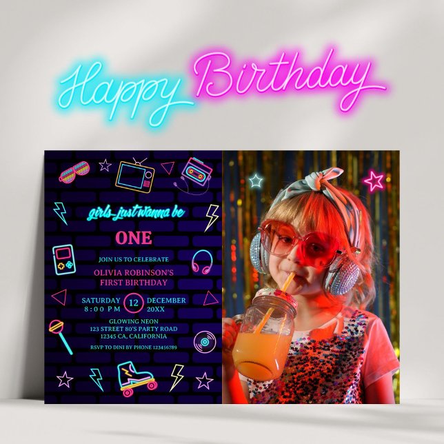 Invitation Fête d'anniversaire photo pour enfants néon pop ré (Créateur téléchargé)