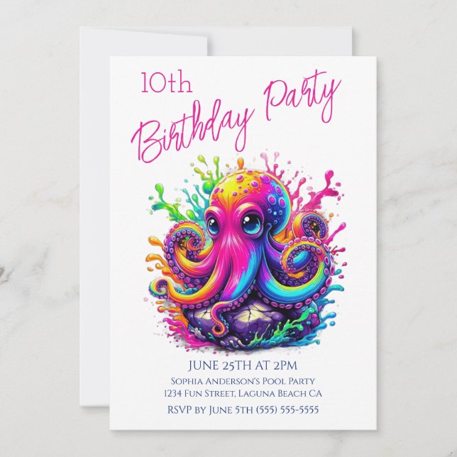 Invitation Fête d'anniversaire - Pieuvre colorée éclaboussure (Devant)