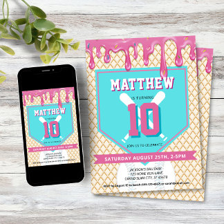 Invitation Fête d'anniversaire Pink Blue Baseball Drip Tout Â