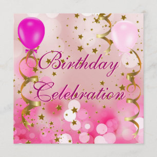 Invitation Fête d'anniversaire Pink Gold Stars Balloon