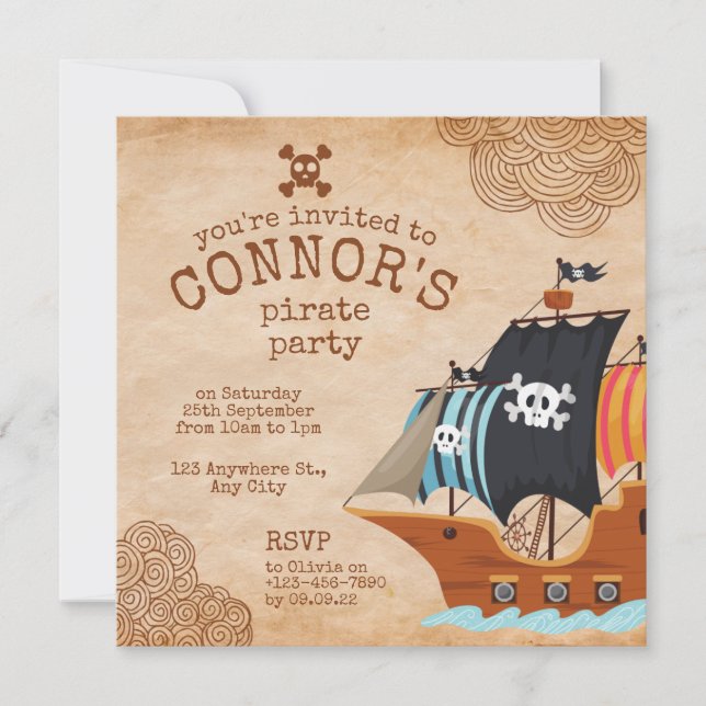 Invitation Fête d'anniversaire pirate rustique avec vieux bat (Devant)