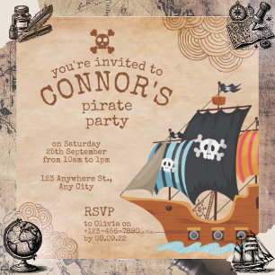 Invitation Fête d'anniversaire pirate rustique avec vieux nav