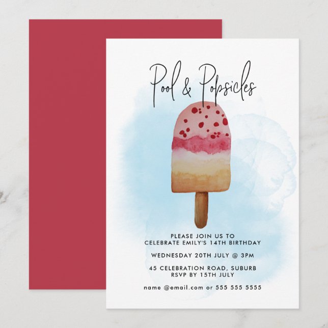 Invitation Fête d'anniversaire piscine et glace en été aquare (Devant / Derrière)