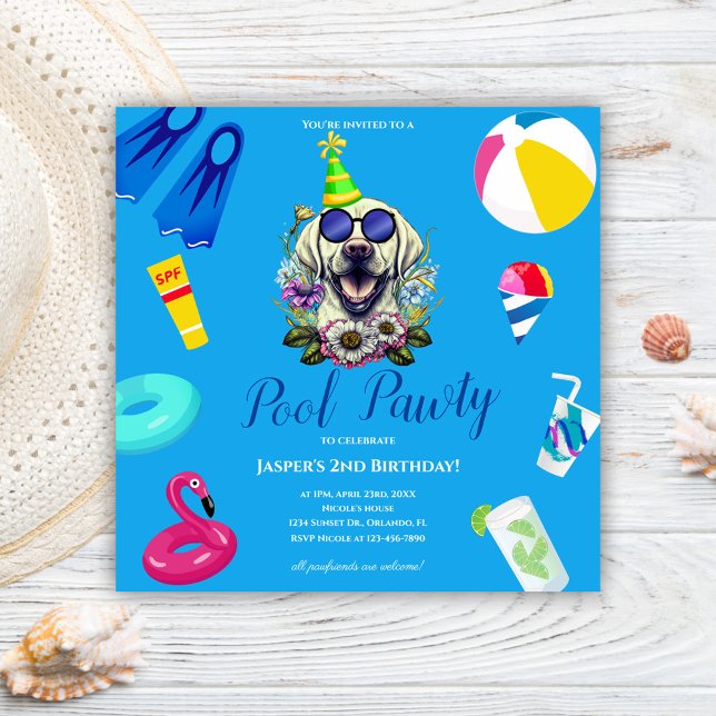 Invitation Fête d'anniversaire piscine pour chiens (Dog Pool Party Birthday Invitation)