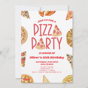Invitation Fête d'anniversaire Pizza Aquarelle Rouge