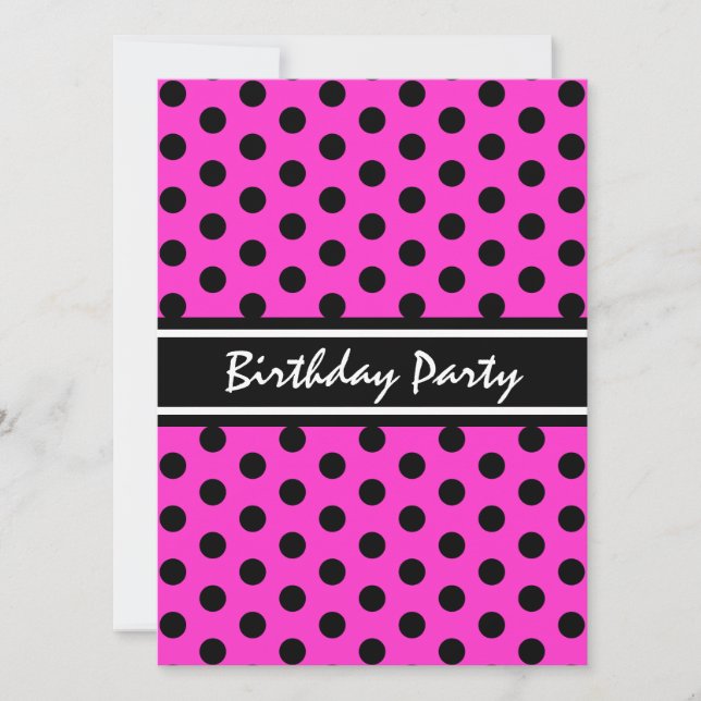 Invitation Fête d'anniversaire Point Polka noir et rose moder (Devant)