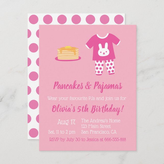 Invitation Fête d'anniversaire Polka Dots Crêpes et Pyjamas (Devant / Derrière)