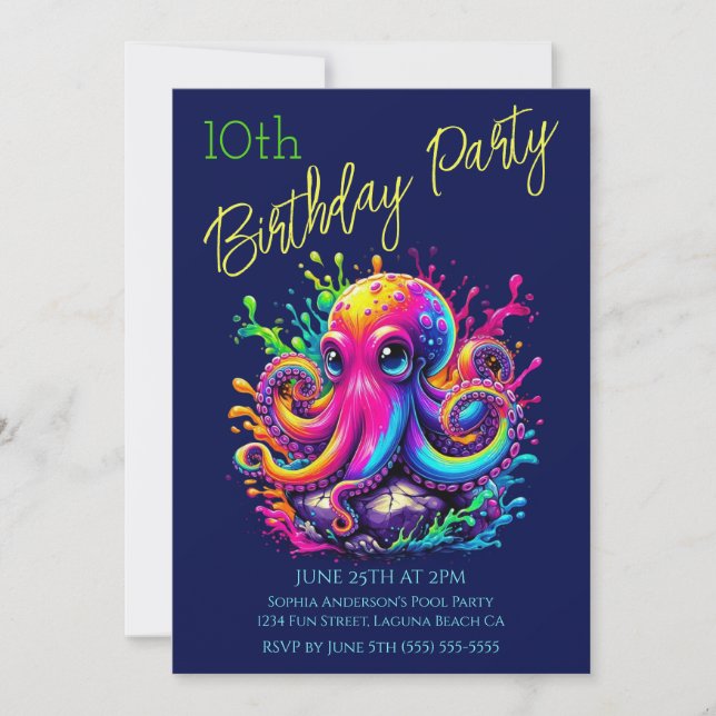 Invitation Fête d'anniversaire - Poulpe colorée (Devant)