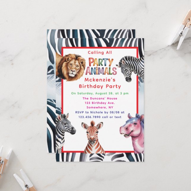 Invitation Fête d'anniversaire pour enfants Animaux de fête (Devant/Arrière en situation)