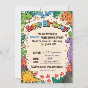 Invitation Fête d'anniversaire pour enfants dinosaures préhis