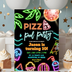 Invitation Fête d'anniversaire pour enfants Pizza Neon Piscin