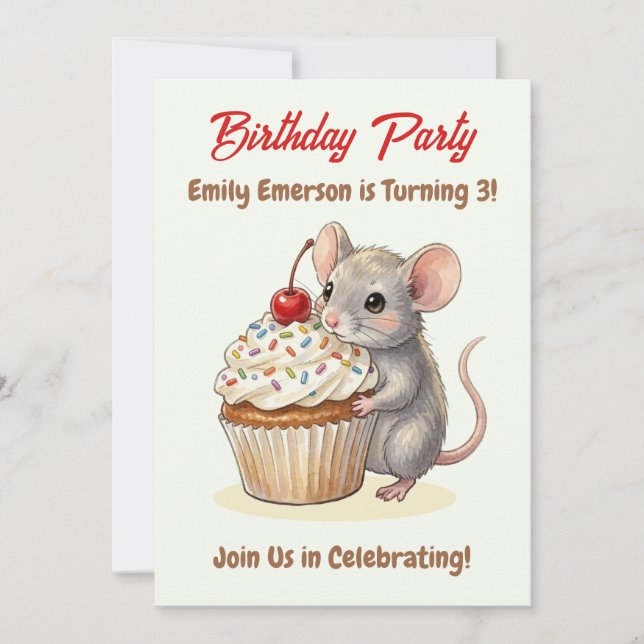 Invitation Fête d'anniversaire pour fille | Thème Souris & Gâ (Devant)