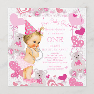 Invitation Fête d'anniversaire pour filles de 1 an Teddy Bear