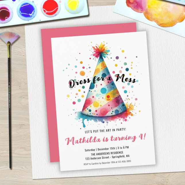 Invitation Fête d'anniversaire pour filles peinture artistiqu (Dress Mess Kids Art Painting Party Girl Birthday Invitation)
