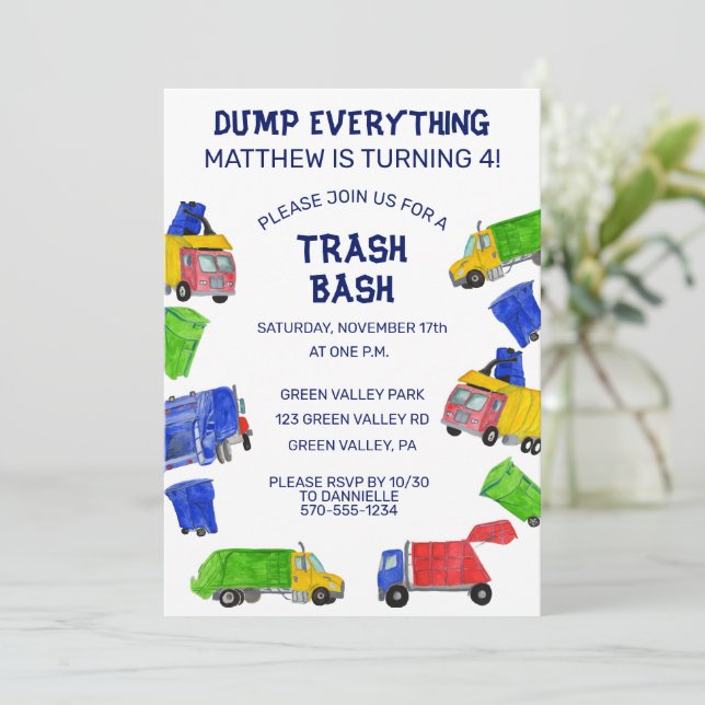 Invitation Fête d'anniversaire pour garçons avec camions à or (Debout devant)