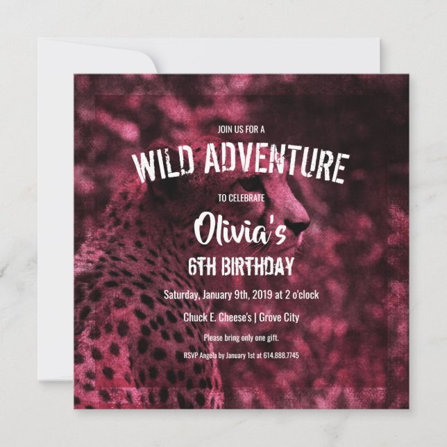 Invitation Fête d'anniversaire pourpre de safari de guépard (Devant)