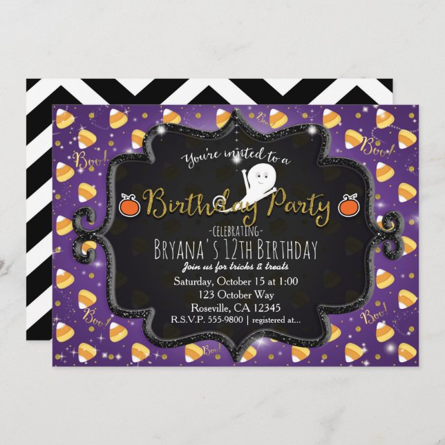Invitation FÊTE D'ANNIVERSAIRE Purple Candy Corn Fantôme Invi (Devant / Derrière)