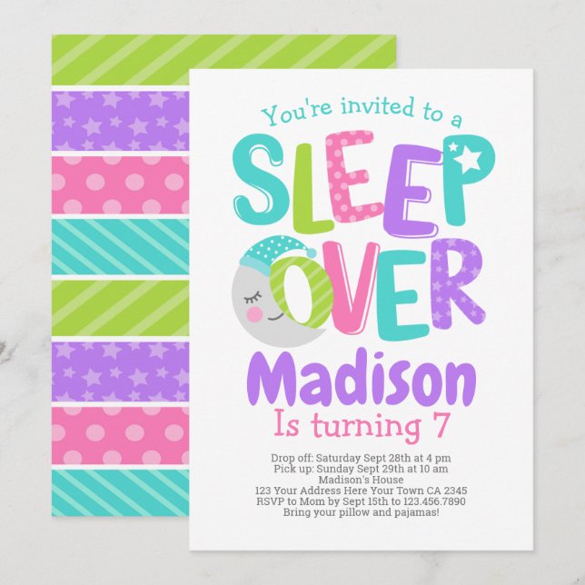 Invitation Fête d'anniversaire Pyjama Party (Devant / Derrière)