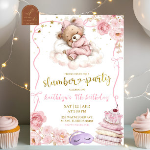Invitation Fête d'anniversaire Pyjama Party avec un ours Coqu