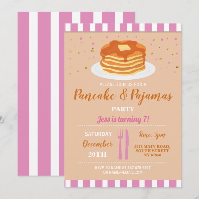 Invitation Fête d'anniversaire Pyjamas et Pancakes Soirée Pyj (Devant / Derrière)