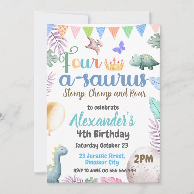 Invitation Fête d'anniversaire Quadru-Saurus pour les 4 ans d (Devant)