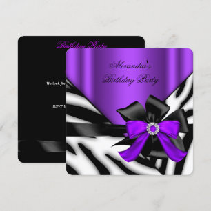 Invitation Fête d'anniversaire rayée noir et violet zèbre