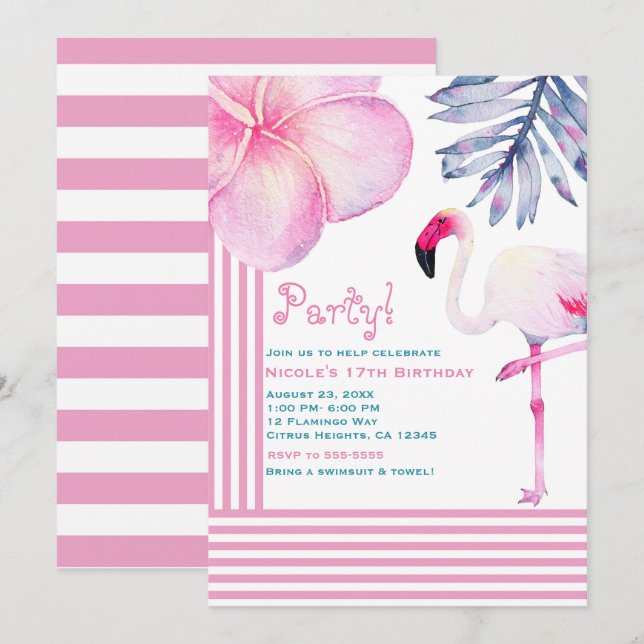 Invitation Fête d'anniversaire rayures roses et blanches de f (Devant / Derrière)