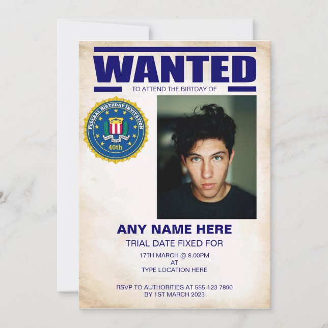 Invitation Fête d'anniversaire recherchée par le FBI (Devant)