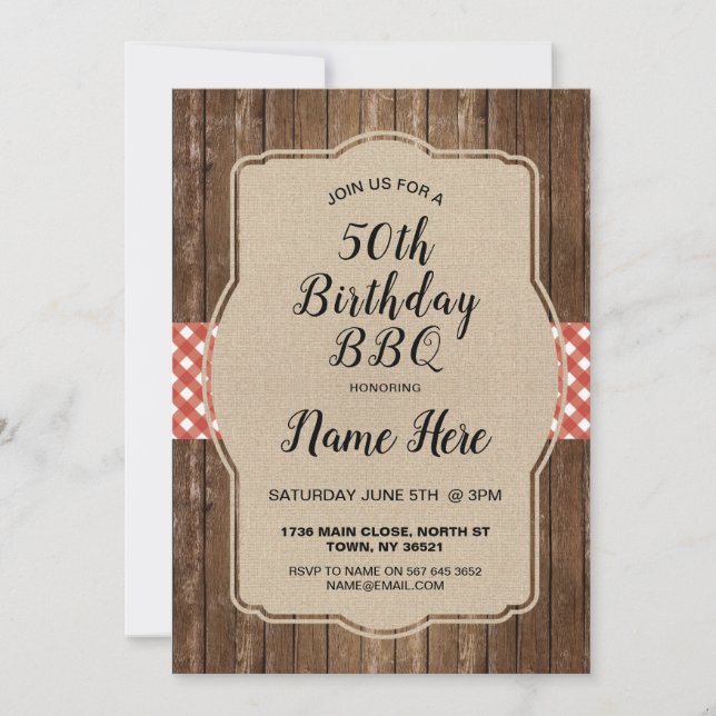 Invitation Fête d'anniversaire Red En vichy Burlap BBQ Invita (Devant)