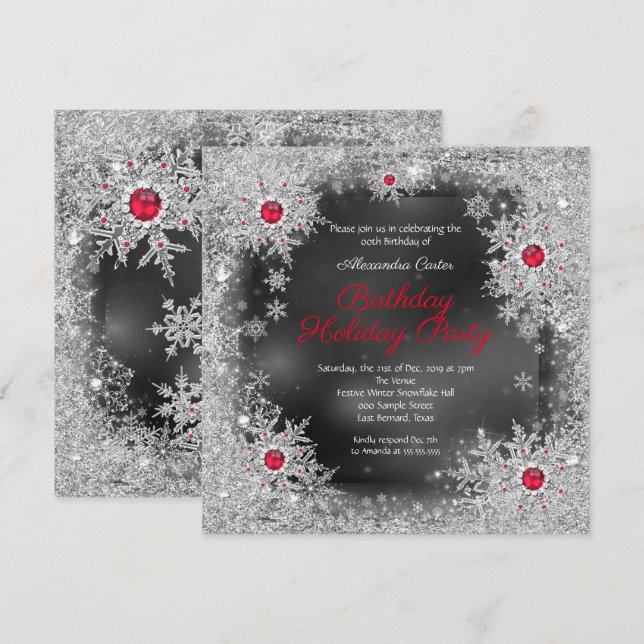 Invitation Fête d'anniversaire Red grey silver snowflake (Devant / Derrière)
