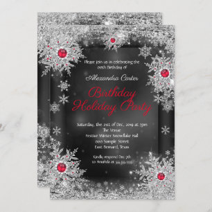 Invitation Fête d'anniversaire Red grey silver snowflake
