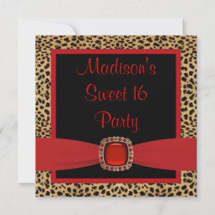 Invitation Fête d'anniversaire Red Leopard Sweet 16