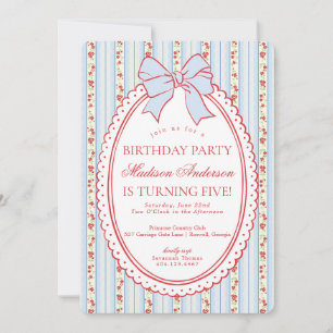 Invitation Fête d'anniversaire rétro rouge et bleu à motif fl