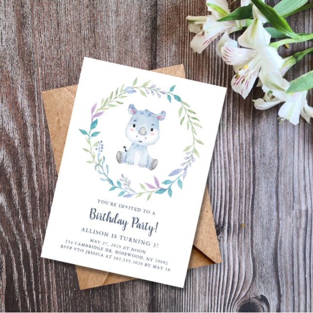 Invitation Fête d'anniversaire Rhinocéros Aquarelle (Créateur téléchargé)