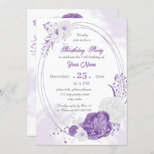 Invitation fête d'anniversaire romantique blanche violet géom
