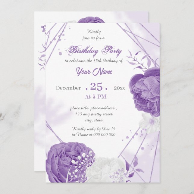 Invitation fête d'anniversaire romantique blanche violet géom (Devant / Derrière)
