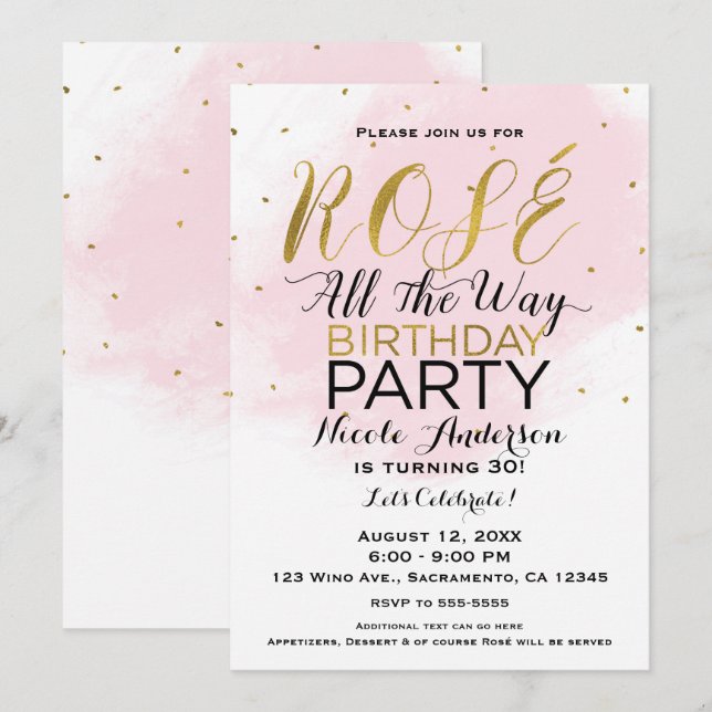 Invitation Fête d'anniversaire Rosé All the Way Rose & Or (Devant / Derrière)