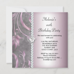 Invitation Fête d'anniversaire Rose Blanc Gris Floral