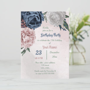 Invitation fête d'anniversaire rose bleu & blanc fleuri