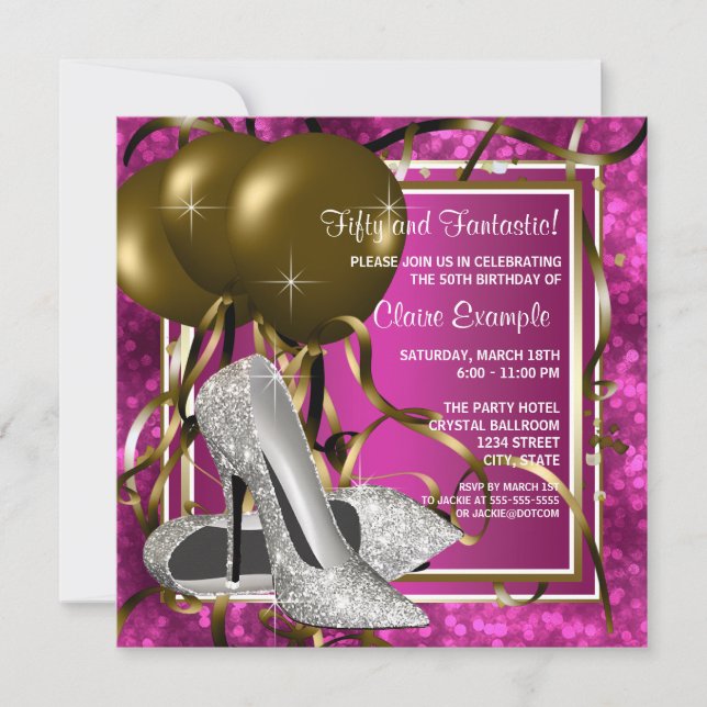 Invitation Fête d'anniversaire rose chaud des femmes talons h (Devant)