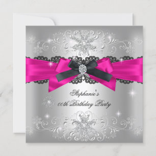 Invitation Fête d'anniversaire Rose Chaud Noir Nœud Paillette