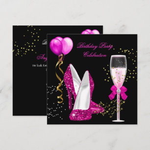 Invitation Fête d'anniversaire rose chaud or paillettes noir