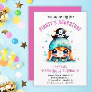 Invitation Fête d'anniversaire rose de petite fille pirate mi