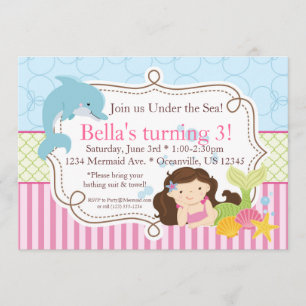 Invitation Fête d'anniversaire rose de rayures, de dauphin et