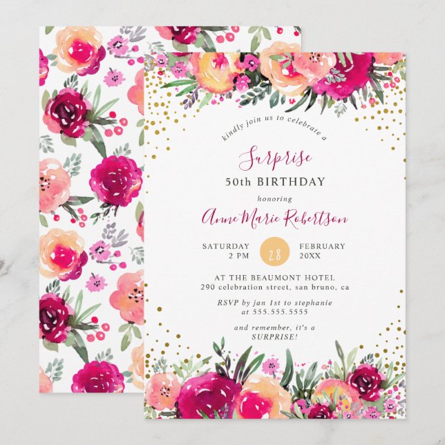 Invitation Fête d'anniversaire rose de surprise de fleurs (Devant / Derrière)