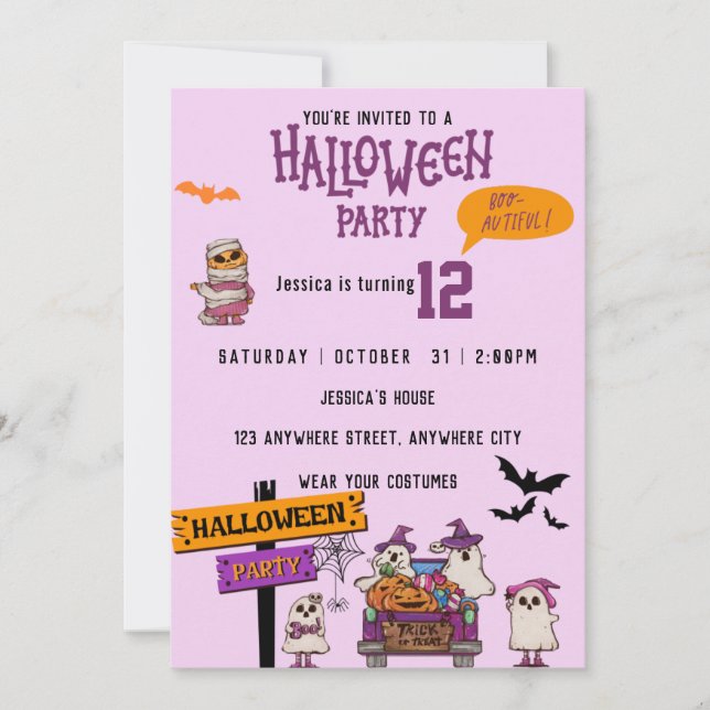 Invitation Fête d'anniversaire rose d'Halloween éffrayant (Devant)