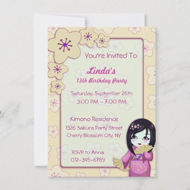 Invitation Fête d'anniversaire rose et blanche de geisha (Devant)